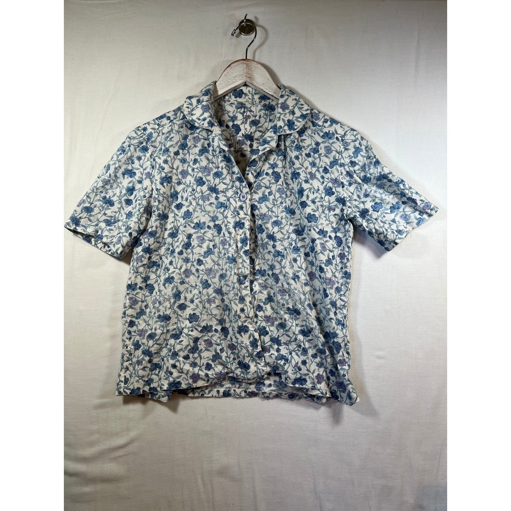 Vintage Style Blue Floral Short Sleeve Button Up Shirt Camp Collar Cottagecore